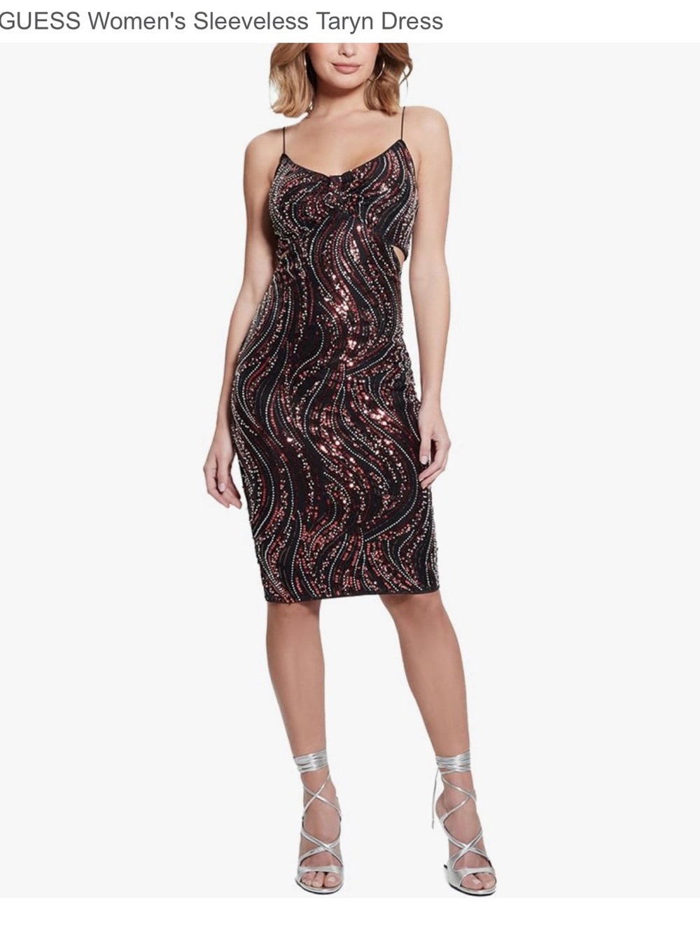 Guess Black Sequin Midi Dress with Red and Silver Accents